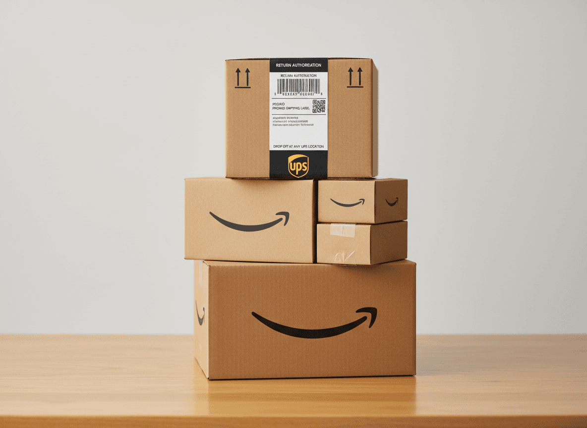 Stack of Amazon boxes with UPS return label ready for shipping