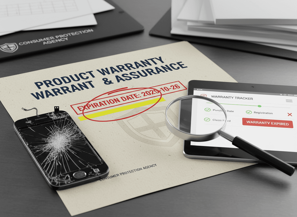 Broken phone next to warranty document showing expired coverage and warranty tracker app
