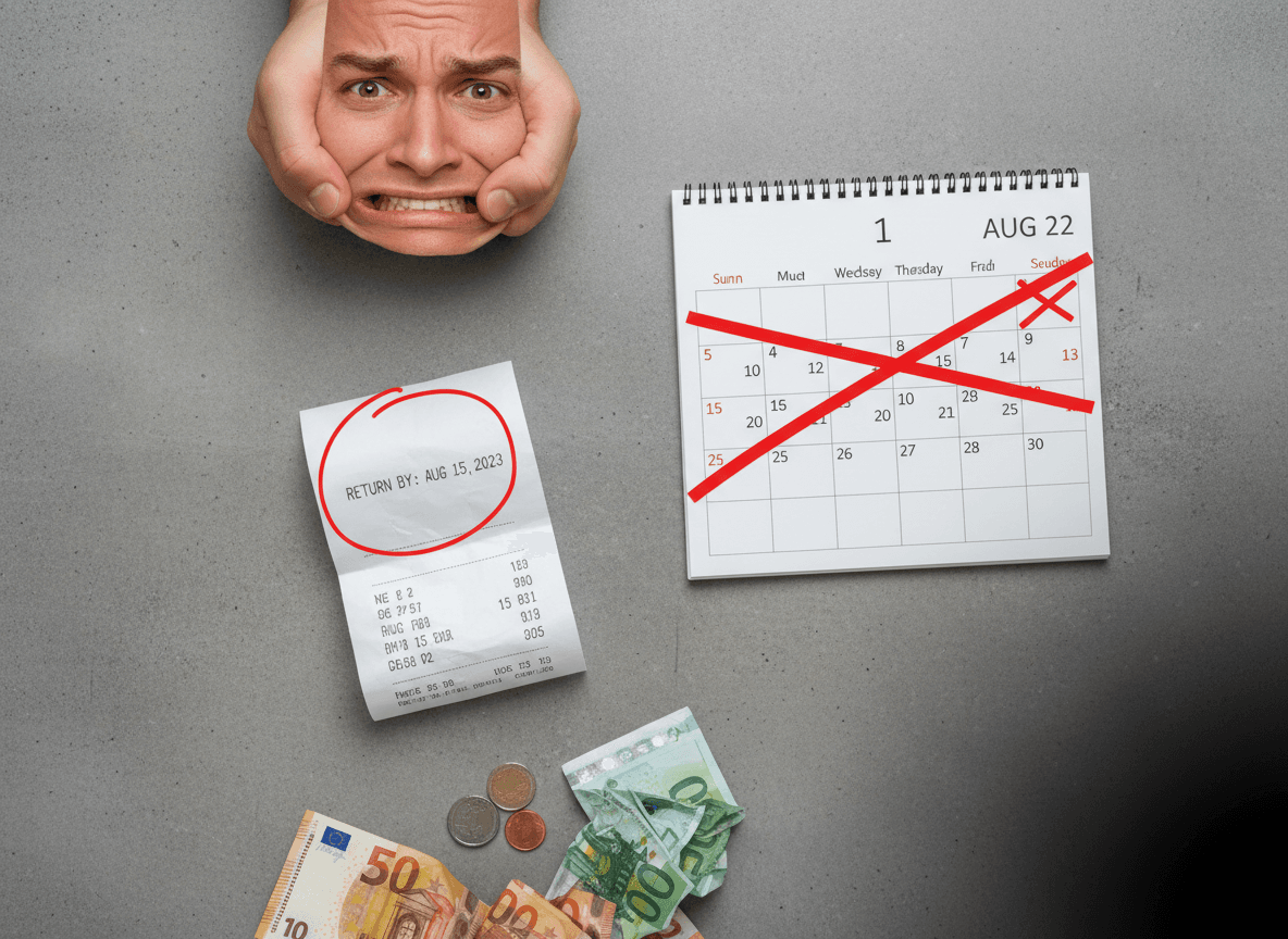 Stressed person looking at receipt with return deadline and crossed out calendar