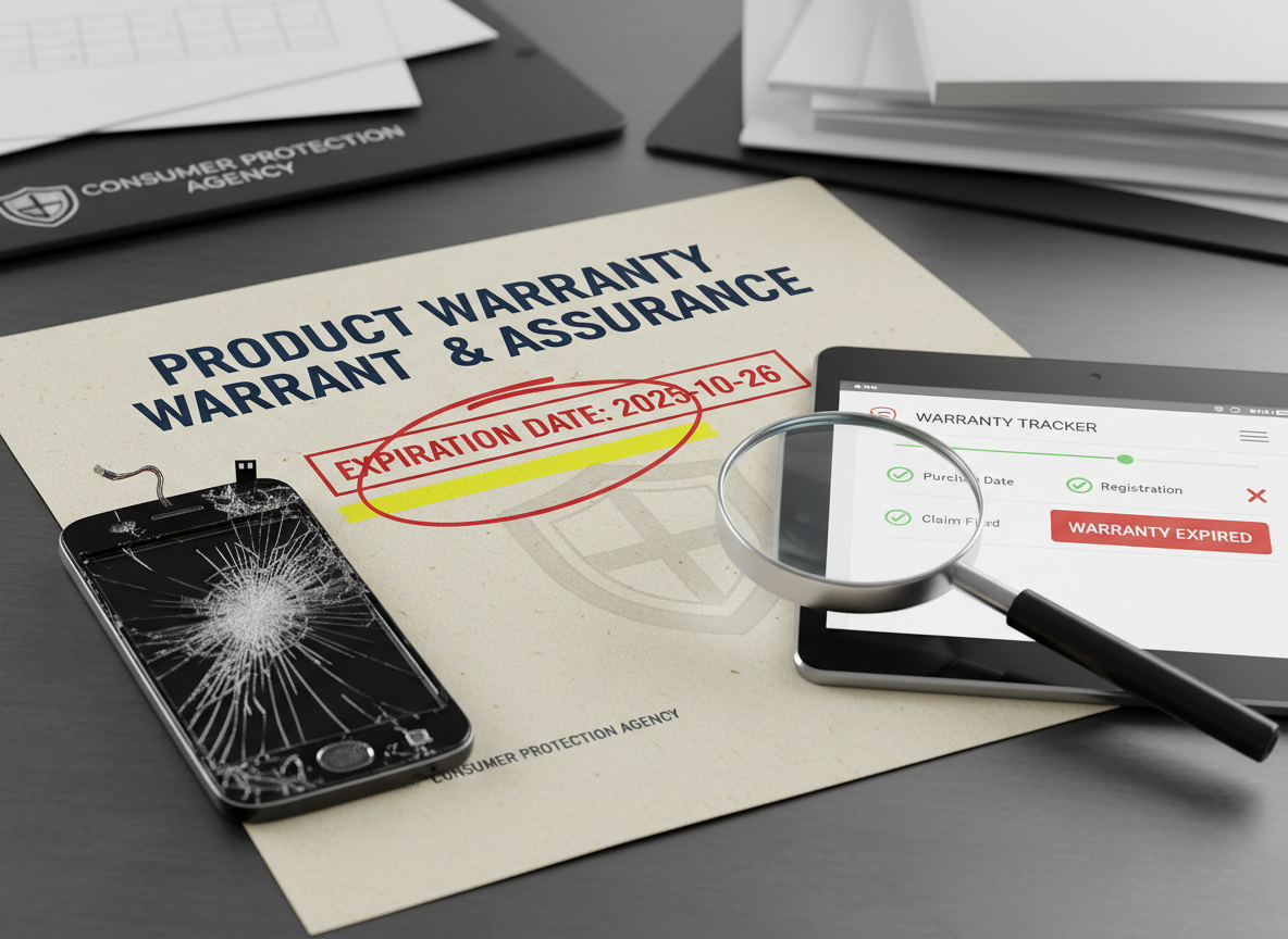 Broken phone next to warranty document showing expired coverage and warranty tracker app