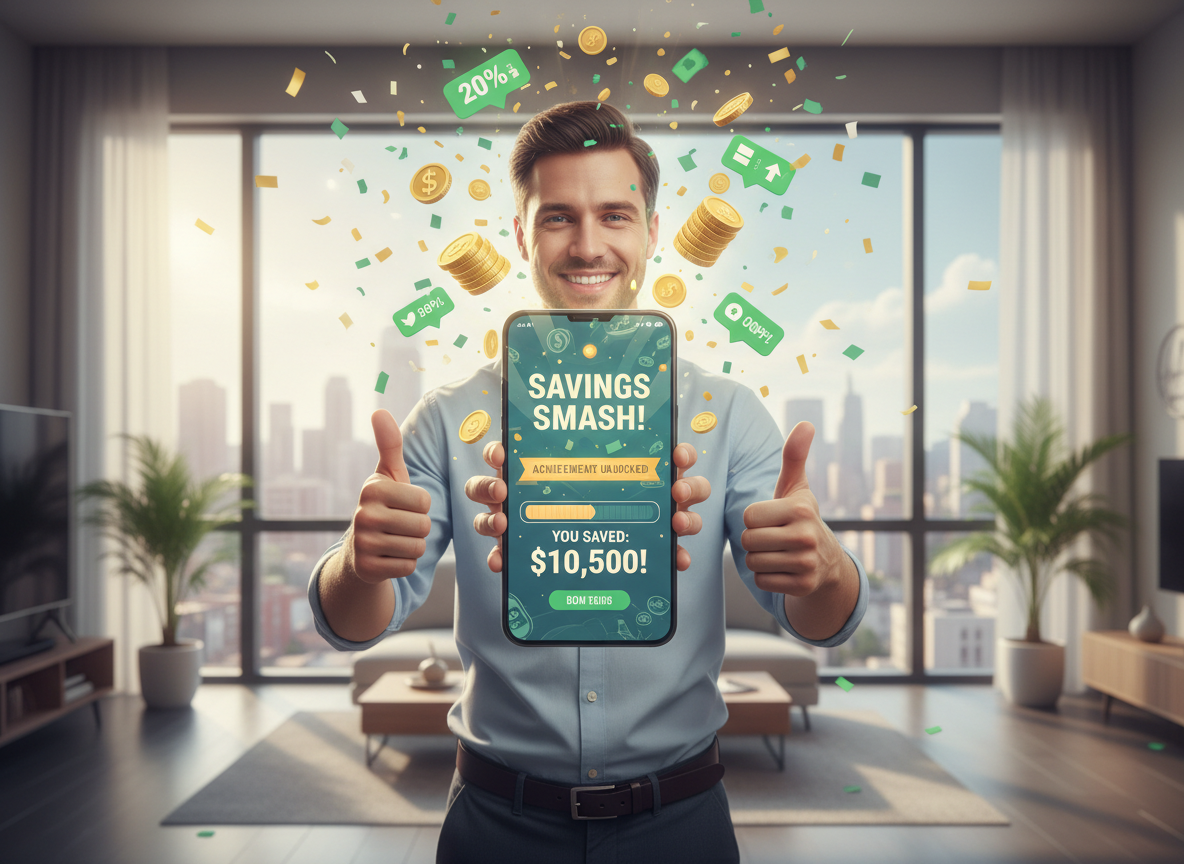 Happy person holding phone showing $10,500 saved with confetti celebration